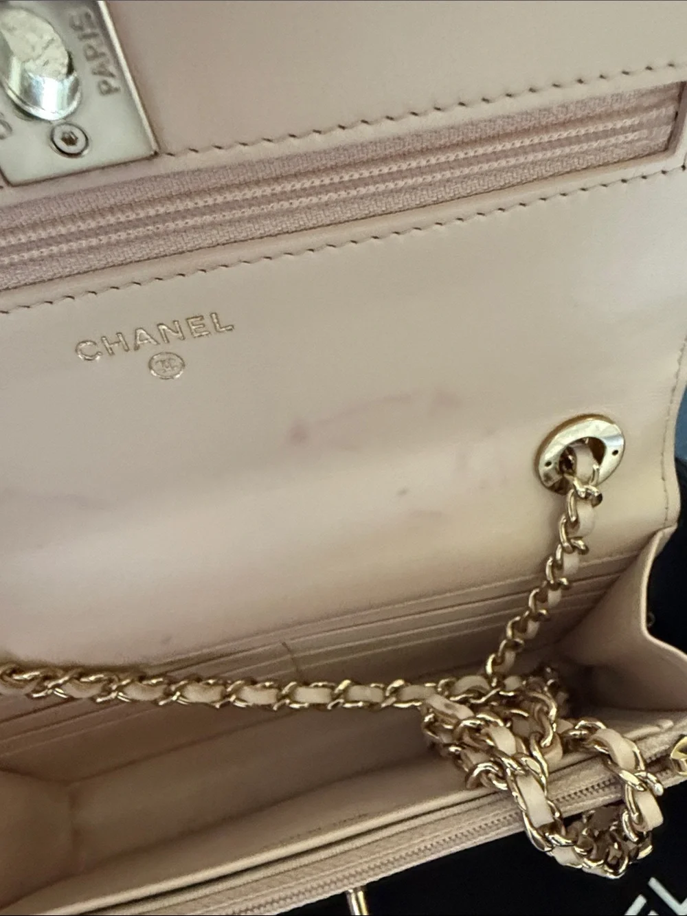 CHANEL Quilted lamb skin beige O- mini Bag with Gold Hardware